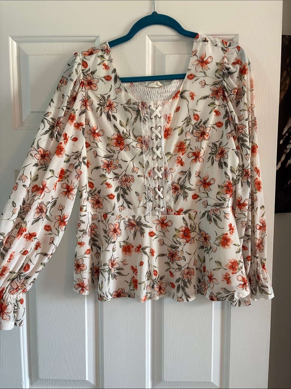 Floral Lace-Up Peplum Blouse - White with Coral Floral